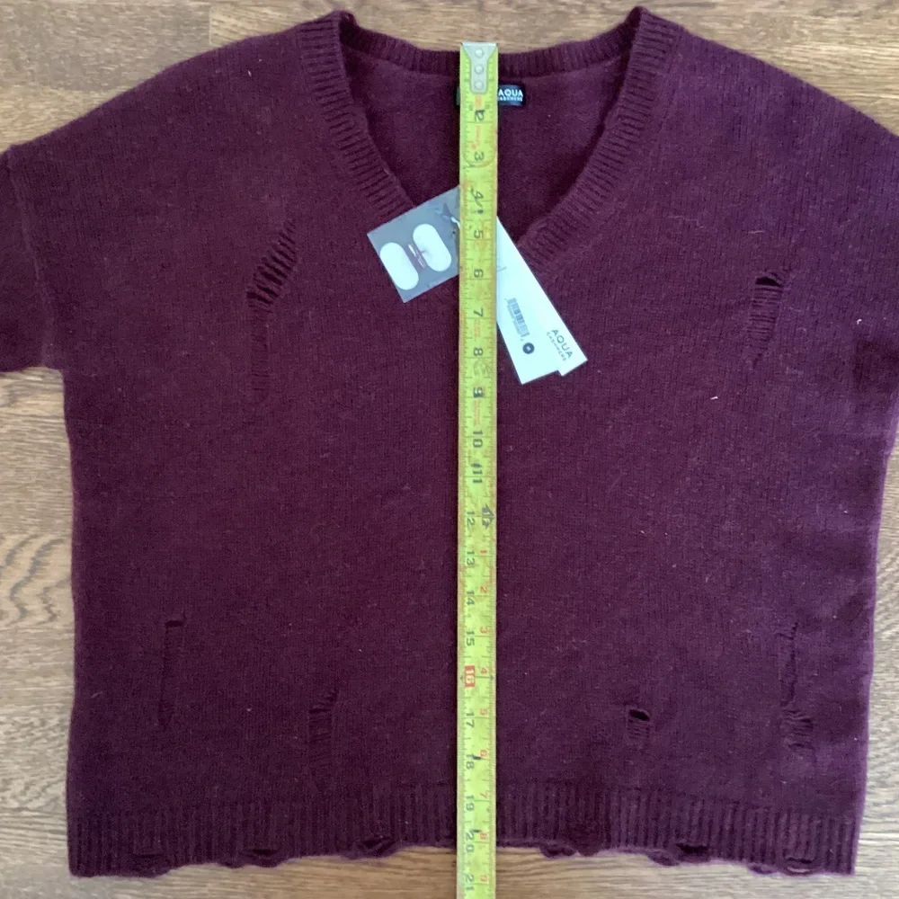 Aqua Burgundy Cashmere Distressed V-Neck Sweater 100% Bloomingdales Exclusive - Picture 11 of 13